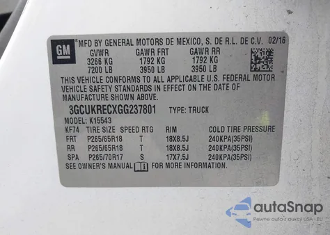 2016 Chevrolet Silverado 1500 2Lt from USA, damaged, VIN 3GCUKRECXGG237801